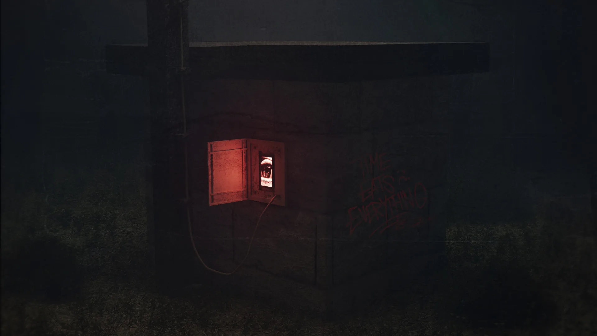 A stone building containing a scifi monitor that seems to be watching you.